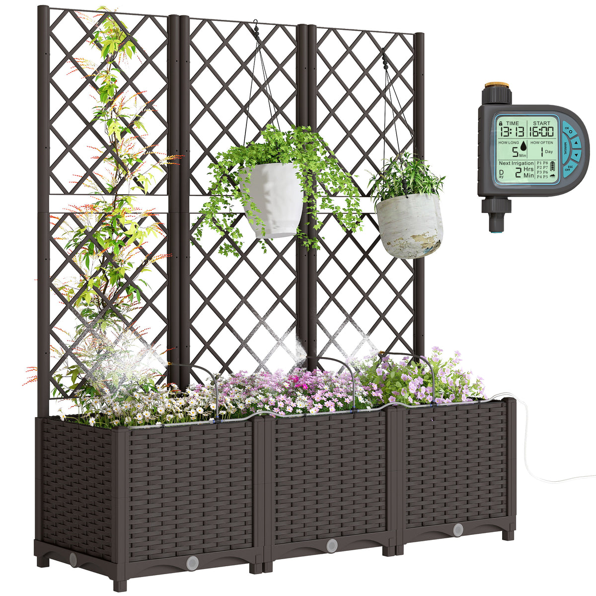 3PCS Plastic Planter Box with Trellis, Self-Watering Raised Garden Bed with Trellis and Automatic Watering Timer Kit