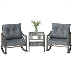 3 Piece Outdoor PE Rattan Rocker Chair Set, Rocking Chair with Tempered Glass Table Top, Gray