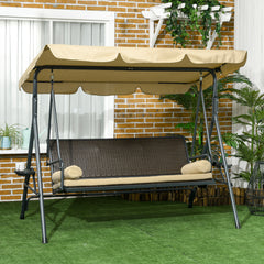 3-Seat Patio Swing Chair, Outdoor Canopy Swing Glider with Removable Cushion, Pillows, Adjustable Shade, and Rattan Seat, for Porch, Garden, Poolside, Backyard