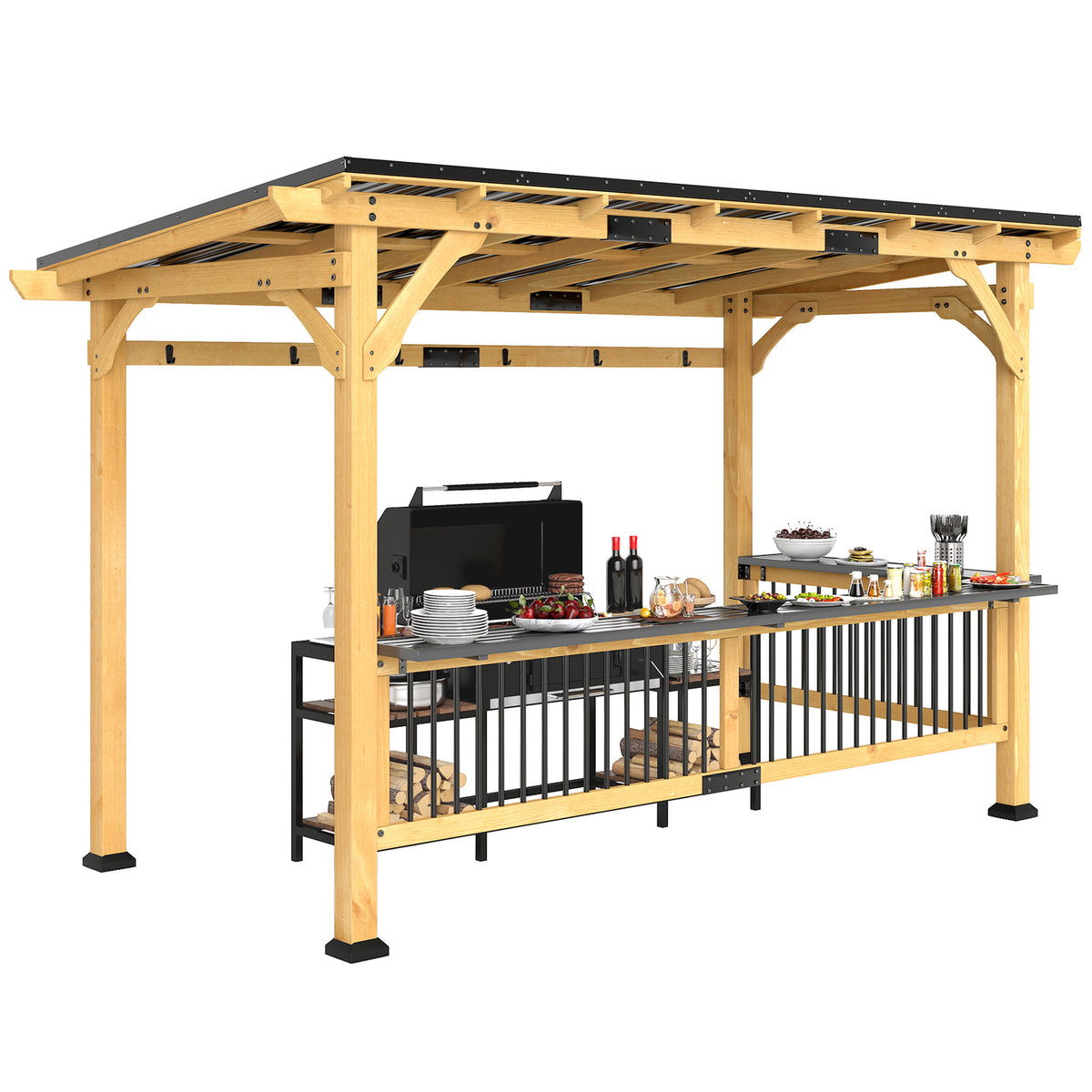 13' x 6' Wooden BBQ Grill Gazebo, Outdoor Hardtop Grill Gazebo with Metal Roof, 2 Bar Shelves and 6 Hooks, Natural