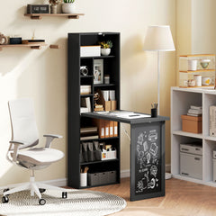 Fold-out Convertible Home Office Desk, Wall Mount Computer Desk with Blackboard and Side Shelf, Black