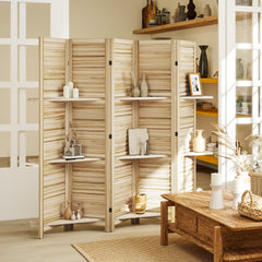 5 Panel 67" Tall Wood Privacy Screen Room Divider with 3 Shelves and Folding Storage for Bedroom, Natural Wood