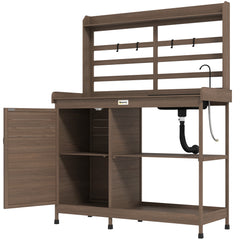 Wooden Potting Bench with Storage, Sink, Water Tap for Backyard, Patio, Balcony, Dark Brown