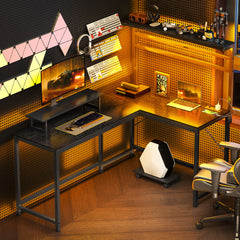 61.6" L Shaped Gaming Desk with Power Outlets & LED Lights, Computer Desk with Monitor Stand and CPU Shelf, Black