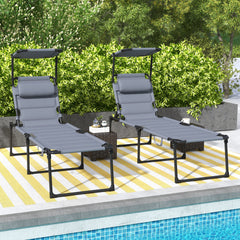 2 Pcs Outdoor Lounge Chair, 4 Position Adjustable Backrest, Folding, Cushioned w/ Sun Shade Roof & Pillow, Gray
