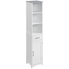 Tall Bathroom Storage Cabinet, Narrow Bathroom Cabinet with 3 Tier Shelving, Drawer and Adjustable Shelves, Slim Freestanding Linen Tower, White