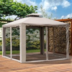 9.6' x 9.6' Patio Gazebo Outdoor Canopy Shelter with 2-Tier Roof and Netting, Steel Frame for Garden, Taupe