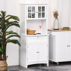 Kitchen Buffet Hutch Wooden Storage Cabinet with Framed Glass Door, Drawer and Microwave Space, White