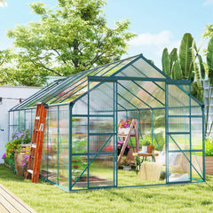 16' x 8' Aluminum Greenhouse Polycarbonate Walk-in Garden Greenhouse Kit with Adjustable Roof Vent, Rain Gutter and Sliding Door for Winter, Clear