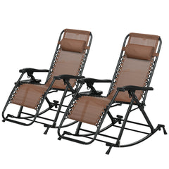 2 Outdoor Rocking Chairs Foldable Reclining Zero Gravity Lounge Rockers w/ Pillow Cup & Phone Holder, Brown
