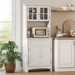 Kitchen Buffet Hutch Wooden Storage Cabinet with Framed Glass Door, Drawer and Microwave Space, White