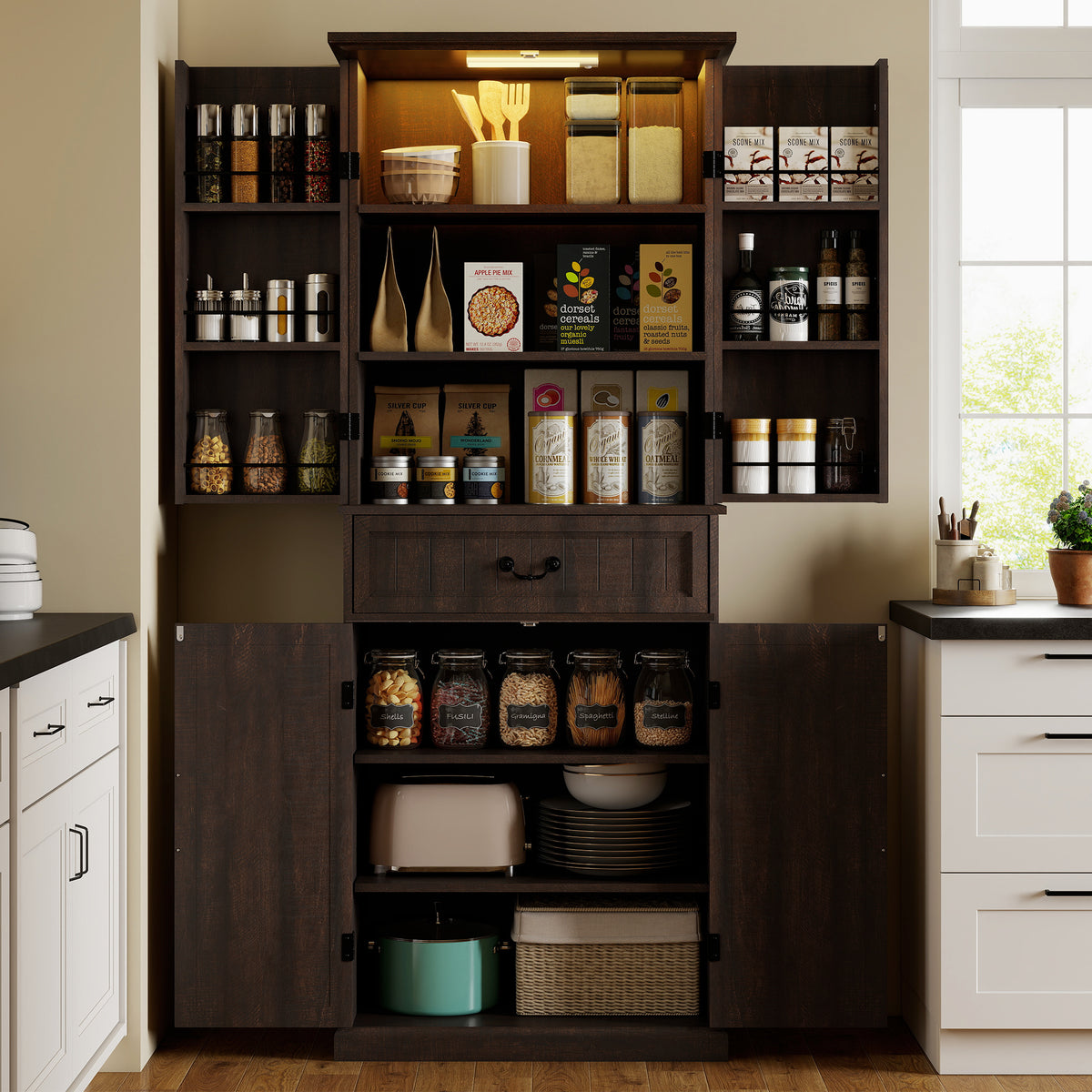 71" LED Kitchen Pantry Cabinet, Farmhouse Storage Cabinet with Door Shelves, Distressed Brown