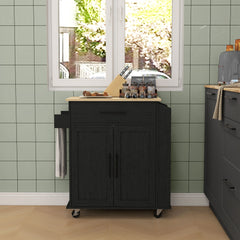 Rolling Island with Wheels for Kitchen, Kitchen Island on Rollers with Power Outlets, Drawer, and Doors, Black