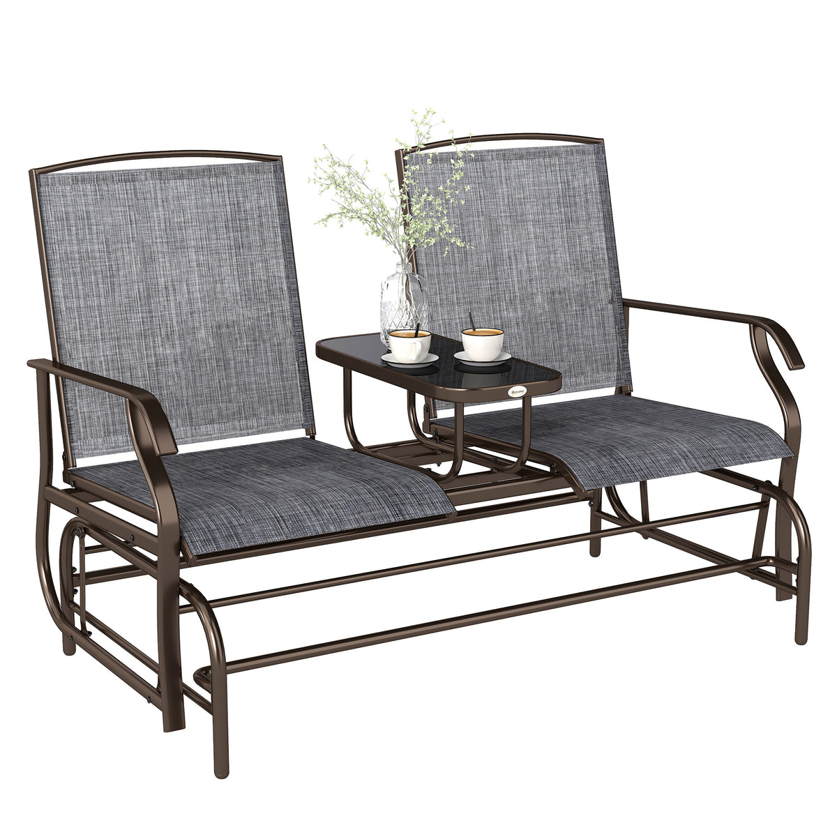 Double Glider Chair Mesh Fabric with Center Table Patio