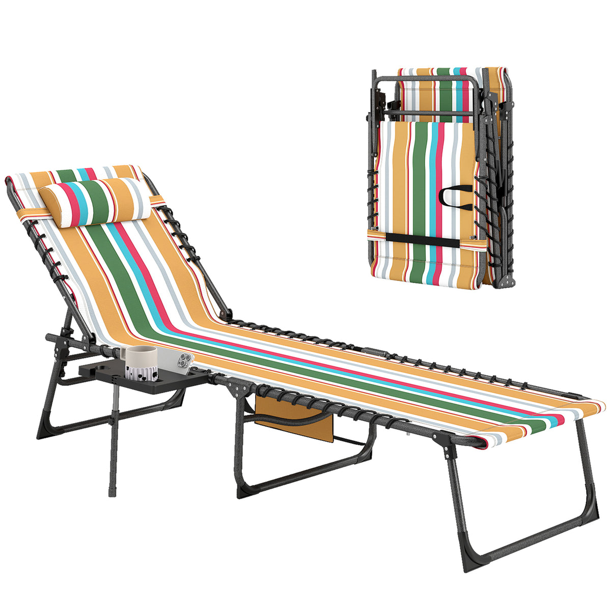 Folding Outdoor Chaise Lounge Chair Tanning Chair with 5-Level Adjustable Back, Side Table, Pillow, Pocket, Mixed Color
