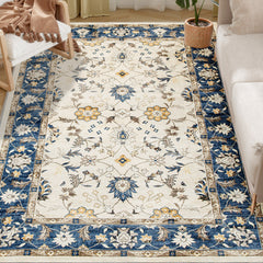 Machine Washable Area Rug 4x6, Non-Slip Boho Floral Print Floor Carpet for Living Room, Bedroom, Dining Room, Blue