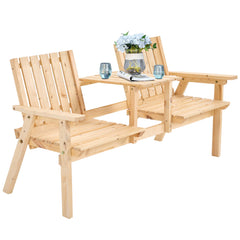 Patio Bench, Garden Bench with Middle Table and Umbrella Hole, Wooden Outdoor Bench for Patio, Porch, Poolside, Balcony, Natural