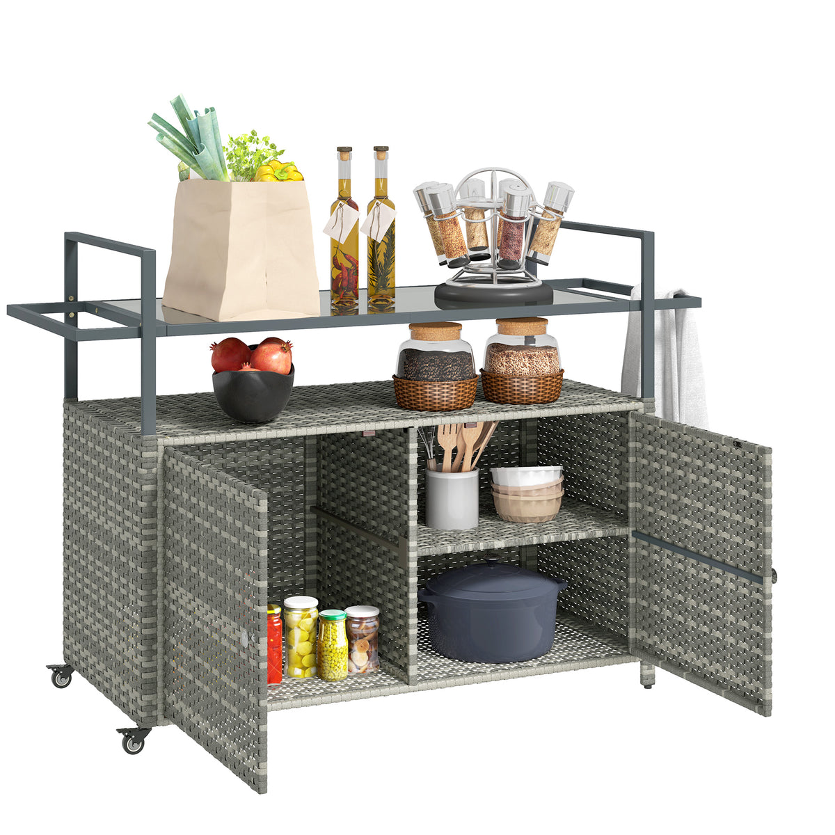 2-Tier Shelf PE Rattan Outdoor Bar Table, Glass Top Outdoor Serving Cart with Cabinet, Mixed Gray