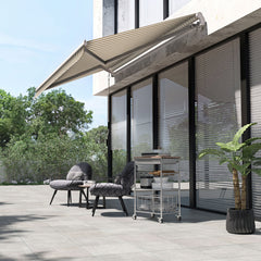 12' x 10' Manual Retractable Awning Outdoor Sunshade Shelter with Adjustable & Versatile Design, Beige and White