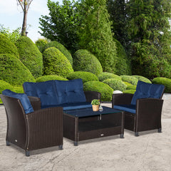4 Pieces Patio Furniture Sets with Cushions, PE Rattan Wicker Conversation Chairs with Two-Tier Coffee Table for Backyard Porch Garden Poolside and Deck, Blue