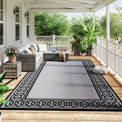 RV Mat, Outdoor Patio Rug / Large Camping Carpet, 9' x 18', Waterproof Plastic Straw, Reversible, Black & Gray Border