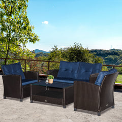 4 Pieces Patio Furniture Sets with Cushions, PE Rattan Wicker Conversation Chairs with Two-Tier Coffee Table for Backyard Porch Garden Poolside and Deck, Blue