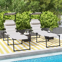 2 Pcs Outdoor Lounge Chair, 4 Position Adjustable Backrest, Folding, Cushioned w/ Sun Shade Roof & Pillow, Cream White