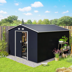 11' x 9' Outdoor Storage Shed, Garden Tool Metal Shed with Foundation Kit, Double Lockable Door, Air Vents and Sloping Roof, for Backyard, Patio, Lawn, Dark Gray