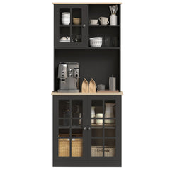 Kitchen Pantry Storage Cabinet, 72" Freestanding Cabinet with Hutch, Large Countertop, Glass Doors and Adjustable Shelves for Dining Room, Black