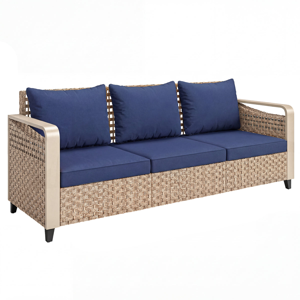 Rattan Wicker Sofa 3-Seater Outdoor Patio Sofa with Cushions for Garden Backyard Porch Dark Blue