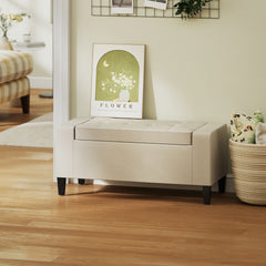 36" Ottoman with Storage, Storage Ottoman Bench with Lift Top and Rubberwood Legs, Linen Upholstered Entryway Bench with Seating for Living Room, Bedroom, Holds up to 330 lb, Beige