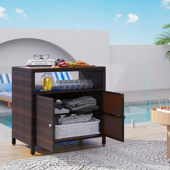 Outdoor Storage Cabinet with Acacia Wood Top, Two Doors, Shelf, Wicker Bar Table for Pool Towel Storage, Brown