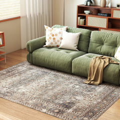 Machine Washable Area Rug 5x7, Non-Slip Traditional Floor Cover Foldable Carpet for Living Room, Dark Mixed-Brown