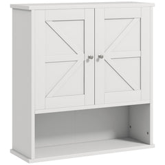 Farmhouse Bathroom Medicine Cabinet, Wall Cabinet with Barn Doors and Adjustable Shelf for Laundry Room, White