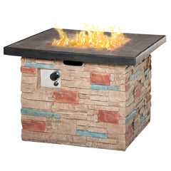 32 Inch Outdoor Propane Gas Fire Pit Table, 50,000 BTU Auto-Ignition Square Faux Ledge Stone Gas Firepit with Lava Rocks and Rain Cover, CSA Certification, Brown