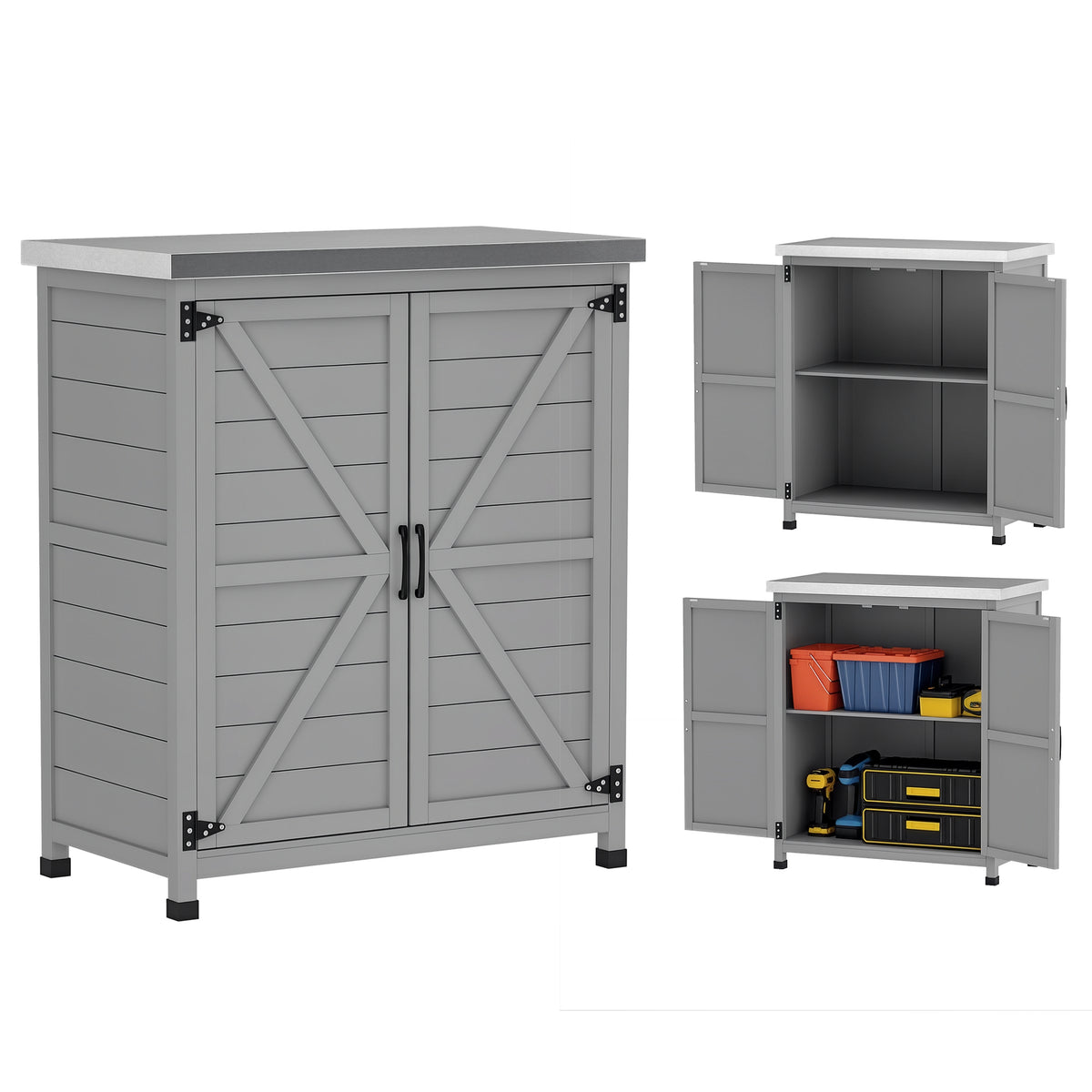 Wooden Storage Cabinet, Outdoor Prep Table with Metal Tabletop, Shelves and Double Doors for Patio, Garden, Gray