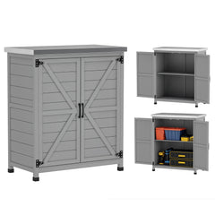 Wooden Storage Cabinet, Outdoor Prep Table with Metal Tabletop, Shelves and Double Doors for Patio, Garden, Gray