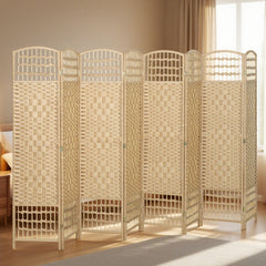 8 Panel Folding Room Divider Portable Privacy Screen Wave Fiber Room Partition for Home Office Natural