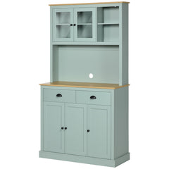 Kitchen Pantry Storage Cabinet with Microwave Stand, 71" Modern Kitchen Hutch with Open Countertop, Glass Doors, Storage Drawers and Adjustable Shelves for Dining Room, Coffee Bar, Light Green