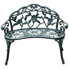 Outdoor Bench, Cast Aluminum Outdoor Furniture, Metal Bench with Floral Rose Accent & Antique Finish, Green