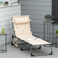 Padded Folding Chaise Lounge Chair, Outdoor 6-Level Reclining Camping Tanning Chair with Headrest for Beach, Yard, Patio, Pool, Beige