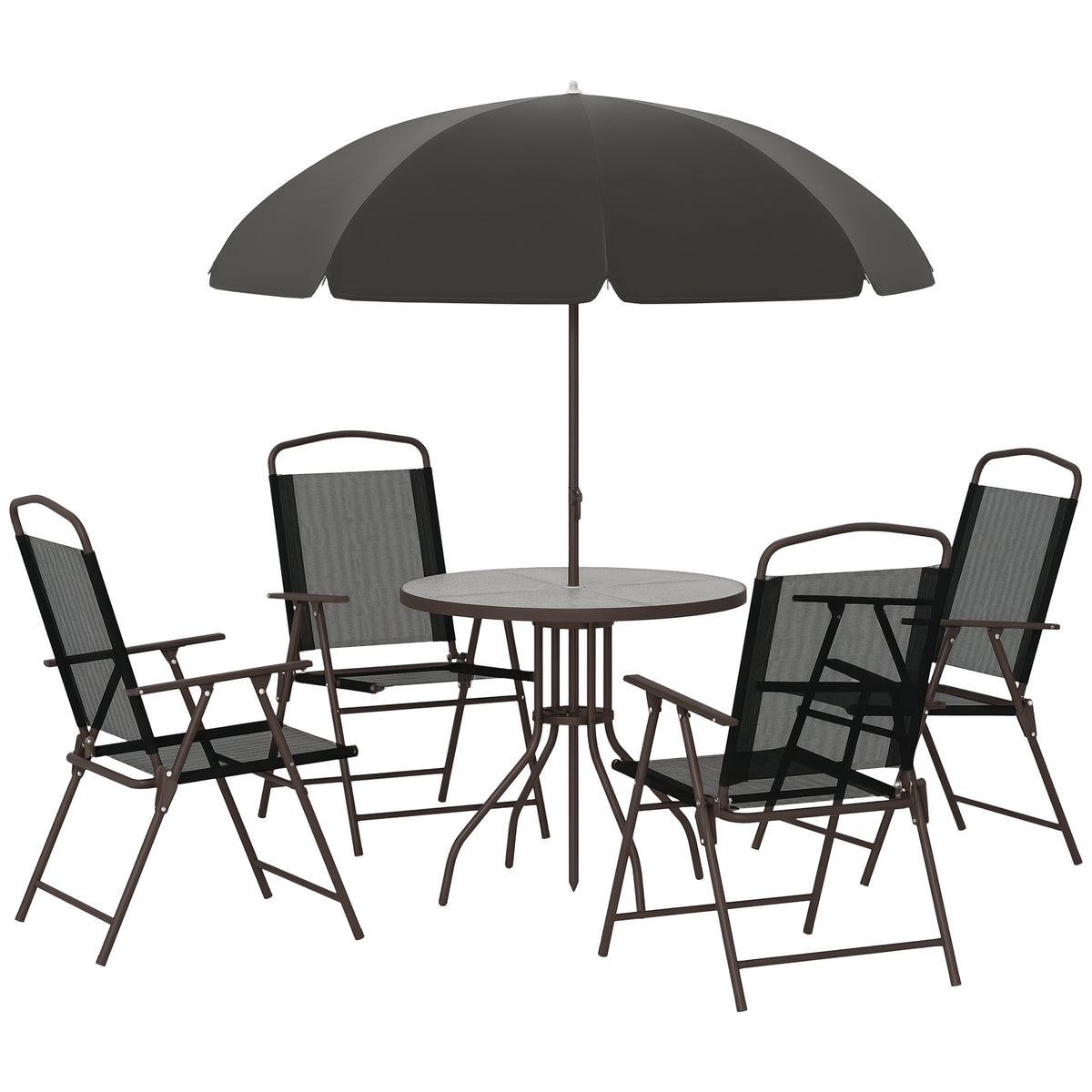 6 Piece Patio Dining Set for 4 with Umbrella, Outdoor Table and Chairs with 4 Folding Dining Chairs & Round Glass Table for Garden, Backyard and Poolside, Black and Coffee