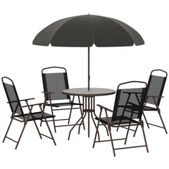 6 Piece Patio Dining Set for 4 with Umbrella, Outdoor Table and Chairs with 4 Folding Dining Chairs & Round Glass Table for Garden, Backyard and Poolside, Black and Coffee