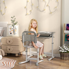 Height Adjustable Kids Desk and Chairs Set with Tilt Desktop, Storage Drawer, Pen Slot, Hook, Gray