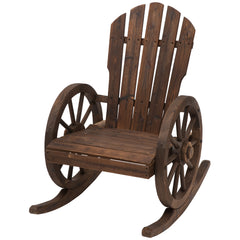 Wooden Rocking Chair, Adirondack Rocker Chair w/Slatted Design and Oversized Back, Outdoor Rocking Chair with Wagon Wheel Armrest for Porch, Poolside, and Garden, Carbonized