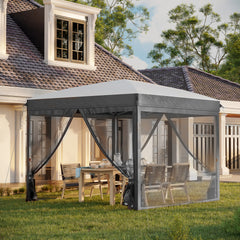 10' x 10' Pop Up Canopy Tent with Netting, Instant Sun Shelter, Tents for Parties, Height Adjustable, with Wheeled Carry Bag and 4 Sand Bags for Outdoor, Garden, Patio, Gray