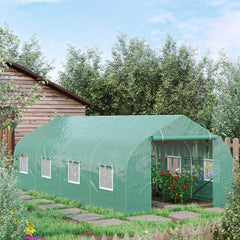 20' x 10' x 7' Outdoor Walk-in Greenhouse, Tunnel Green House with Roll-up Windows, Zippered Door, PE Cover, Heavy Duty Steel Frame, Green