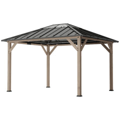 10' x 12' Hardtop Gazebo with Galvanized Steel Roof, UPF50+ Wood Permanent Pavilion with Clear Roof Top, Light Walnut