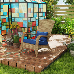 Patio Adirondack Chair with Rattan Wicker, Soft Cushions, Tall Curved Backrest for Deck or Garden, Dark Blue