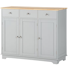 Kitchen Storage Cabinet, Sideboard Floor Cupboard with Solid Wood Top, Adjustable Shelf, and 3 Drawers, Gray